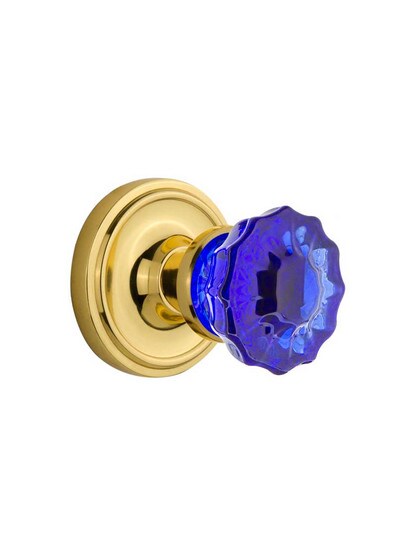 Classic Rosette Door Set with Colored Fluted Crystal Glass Knobs Cobalt Blue in Polished Brass.